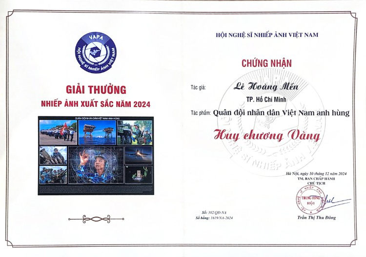 Chứng nhận giải thưởng nhiếp ảnh xuất sắc nhất năm 2024 - Lê Hoàng Mến